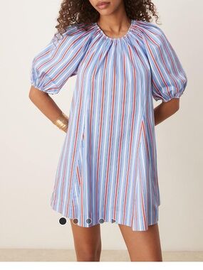 ASOS Blue, Red & White Striped Puff-Sleeve Mini Dress